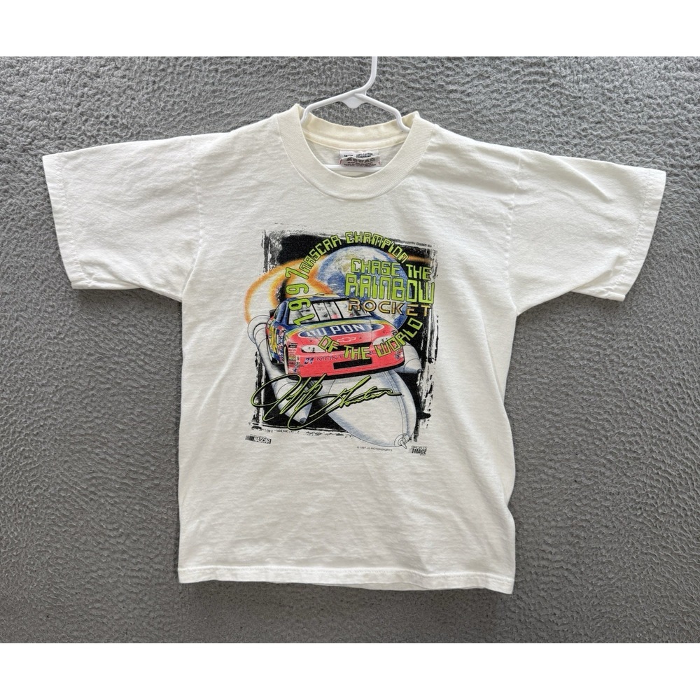 Vintage Nascar Shirt Boys 14/16 White Crewneck Tee Jeff Gordon Grunge Faded 90s